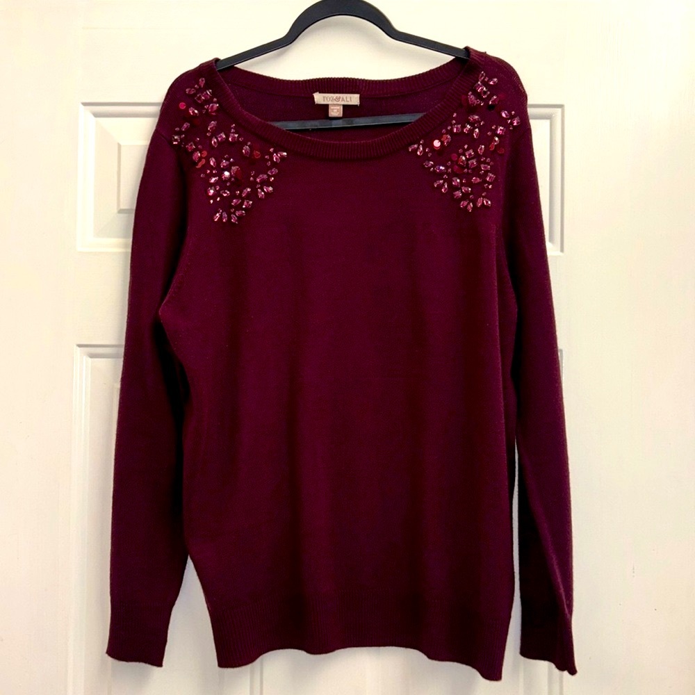 Roz and Ali ladies sweater with rhinestones, Plum size 1x